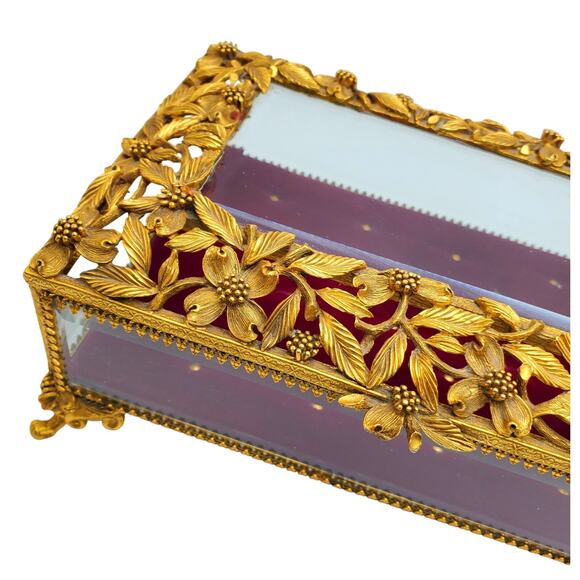 Matson Ormolu Jewelry Casket Box Dresser Vanity Case Gilt Metal Footed Burgundy - Picture 9 of 16